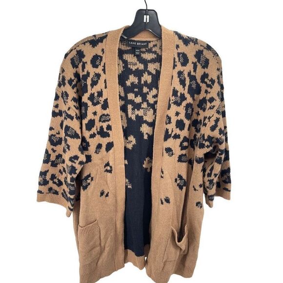 Lane Bryant longline Cardigan Sweater Open Front Leopard print Tan Black 14 16 - Picture 9 of 10